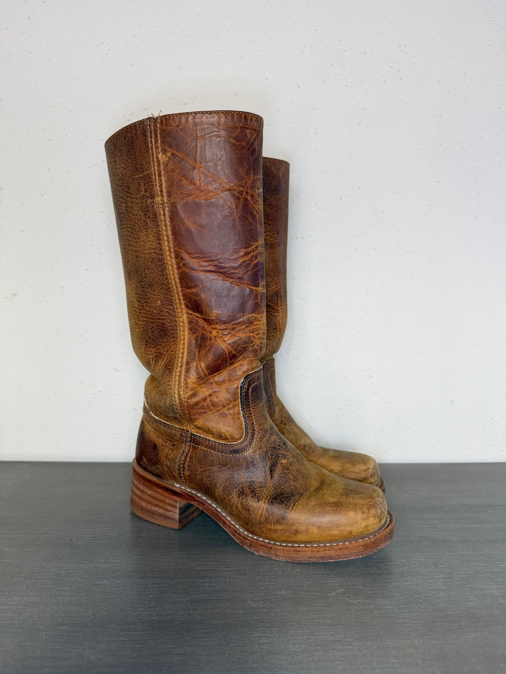 Vintage 1970s–1980s FRYE Brown Leather Pull-On Square Toe Cowboy Boots Women’s Size 7M