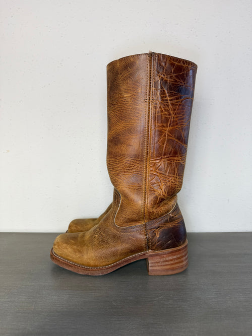 Vintage 1970s–1980s FRYE Brown Leather Pull-On Square Toe Cowboy Boots Women’s Size 7M