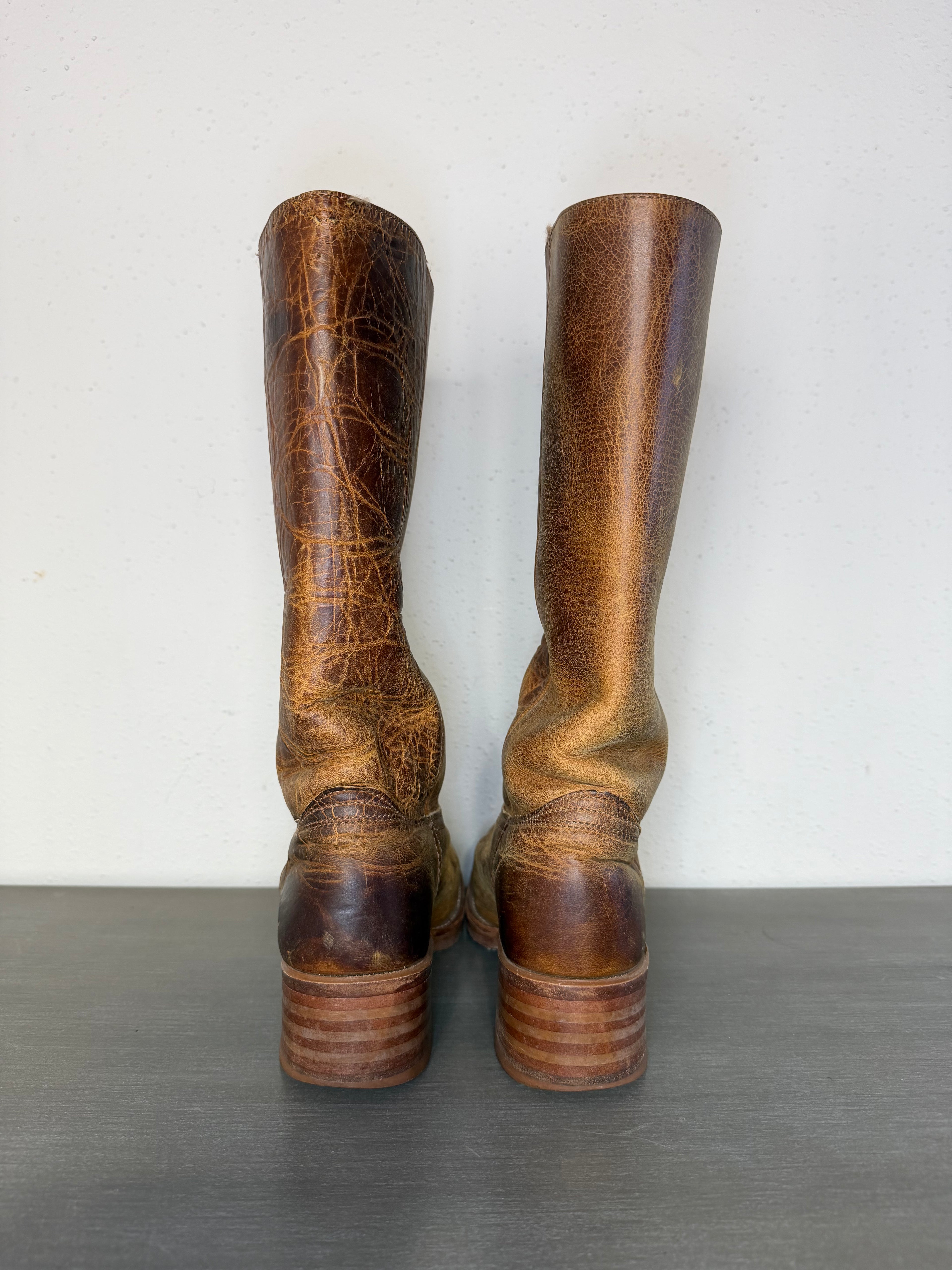 Vintage 1970s–1980s FRYE Brown Leather Pull-On Square Toe Cowboy Boots Women’s Size 7M