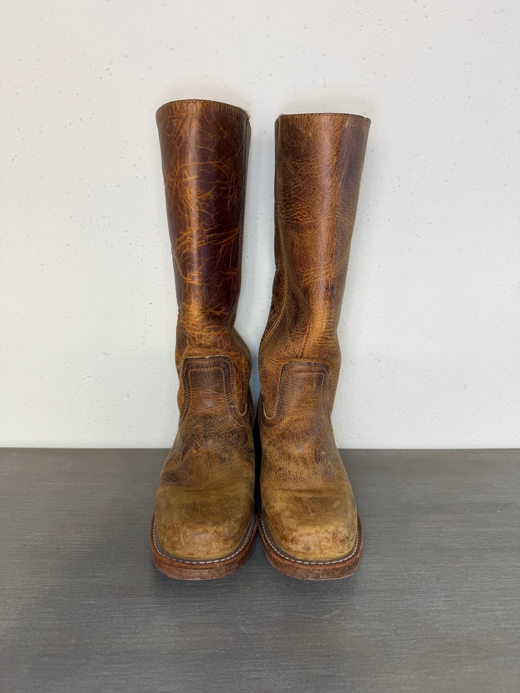 Vintage 1970s–1980s FRYE Brown Leather Pull-On Square Toe Cowboy Boots Women’s Size 7M