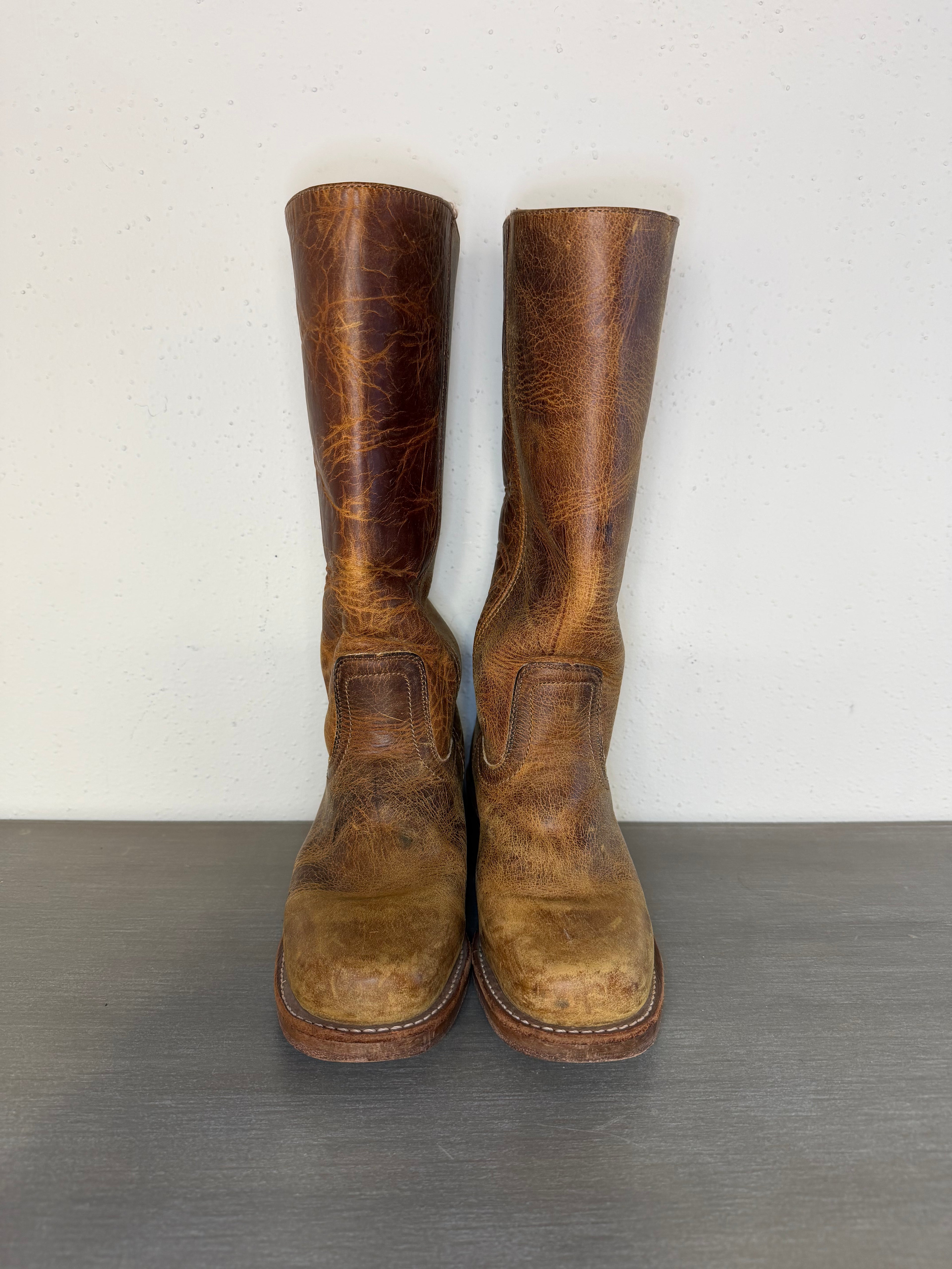 Vintage 1970s–1980s FRYE Brown Leather Pull-On Square Toe Cowboy Boots Women’s Size 7M