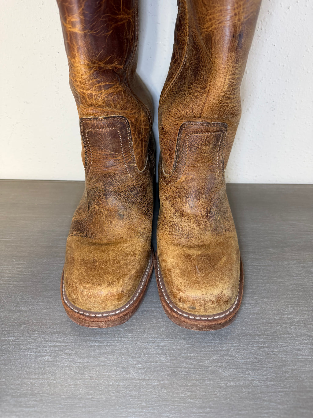 Vintage 1970s–1980s FRYE Brown Leather Pull-On Square Toe Cowboy Boots Women’s Size 7M
