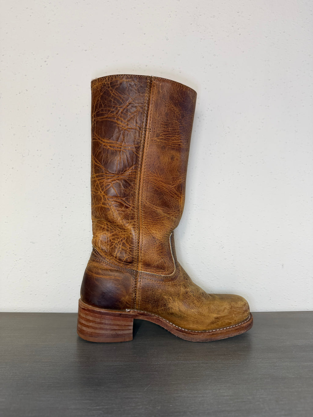 Vintage 1970s–1980s FRYE Brown Leather Pull-On Square Toe Cowboy Boots Women’s Size 7M