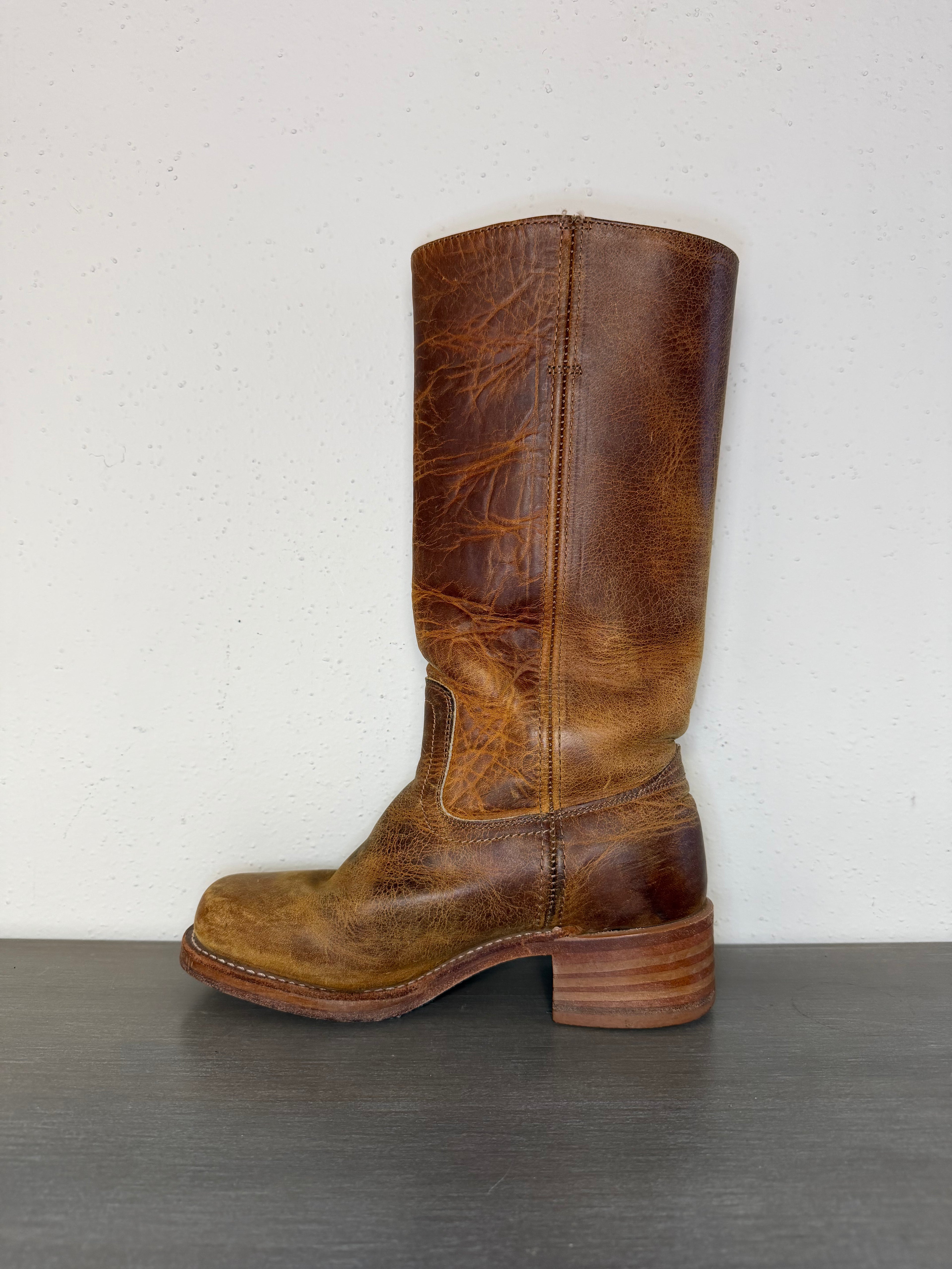 Vintage 1970s–1980s FRYE Brown Leather Pull-On Square Toe Cowboy Boots Women’s Size 7M
