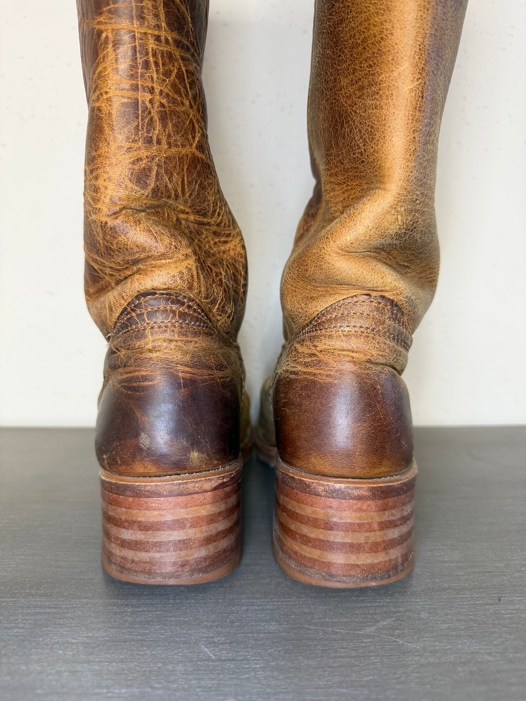 Vintage 1970s–1980s FRYE Brown Leather Pull-On Square Toe Cowboy Boots Women’s Size 7M