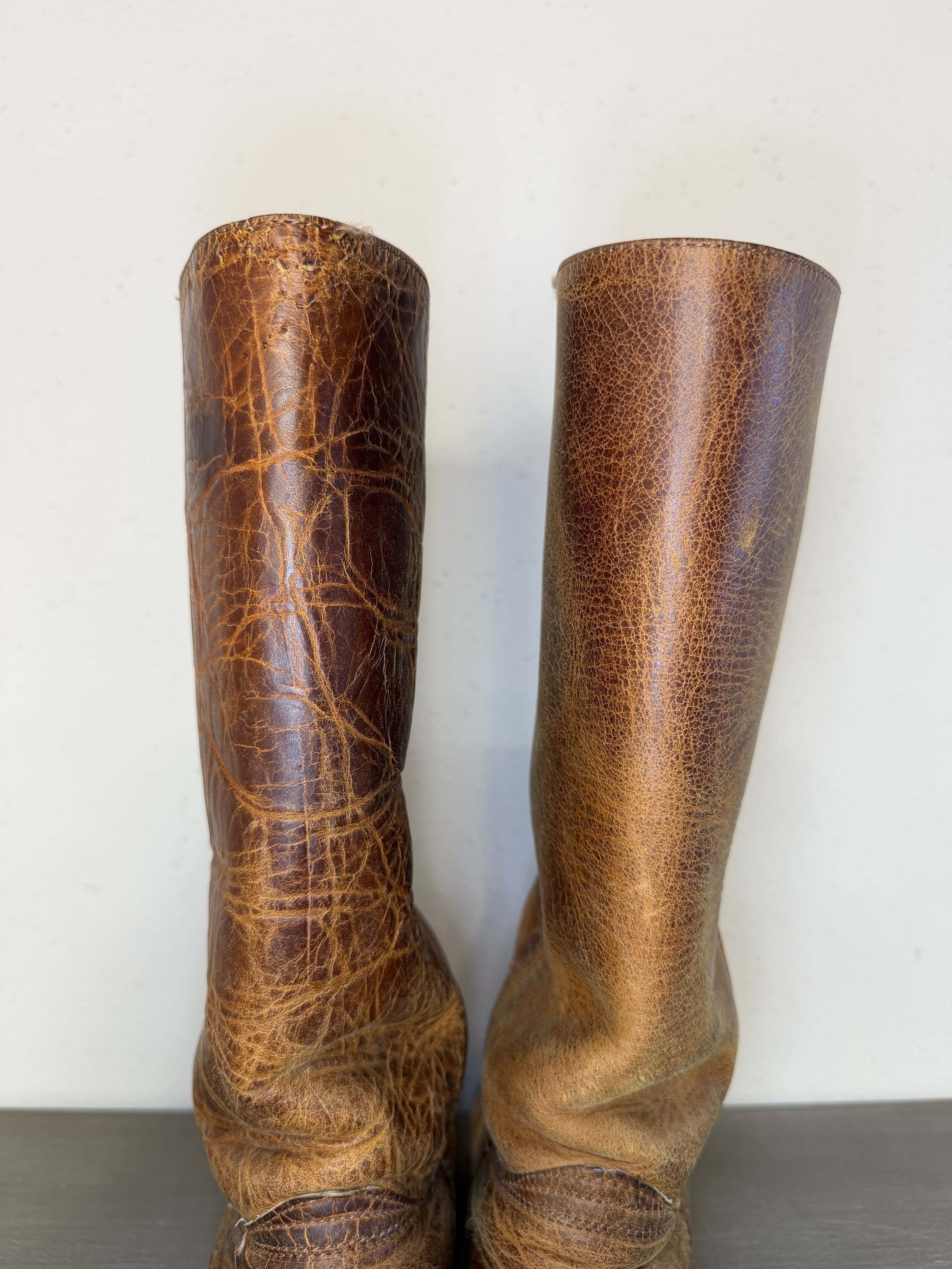 Vintage 1970s–1980s FRYE Brown Leather Pull-On Square Toe Cowboy Boots Women’s Size 7M